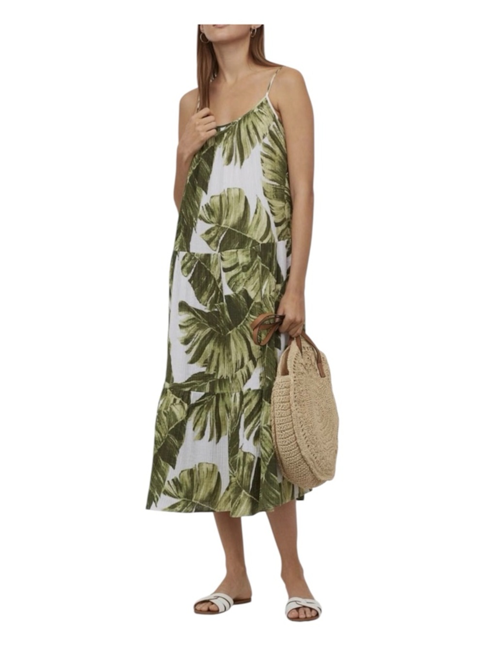 H&M White Slip Midi Dress with Green Tropical Leaf Print Size M